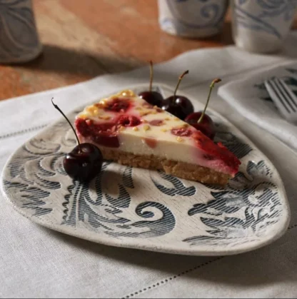 impressed plate with a cake - handmade irish pottery